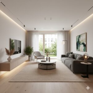 nowoczesny salon minimalistyczny jasne kolory naturalne drewno szara sofa duże okno zieleń za oknem