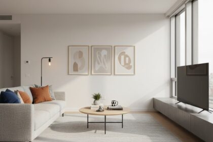 Nowoczesny salon aranżacja wnętrz minimalistyczna sofa i drewniane panele ścienne