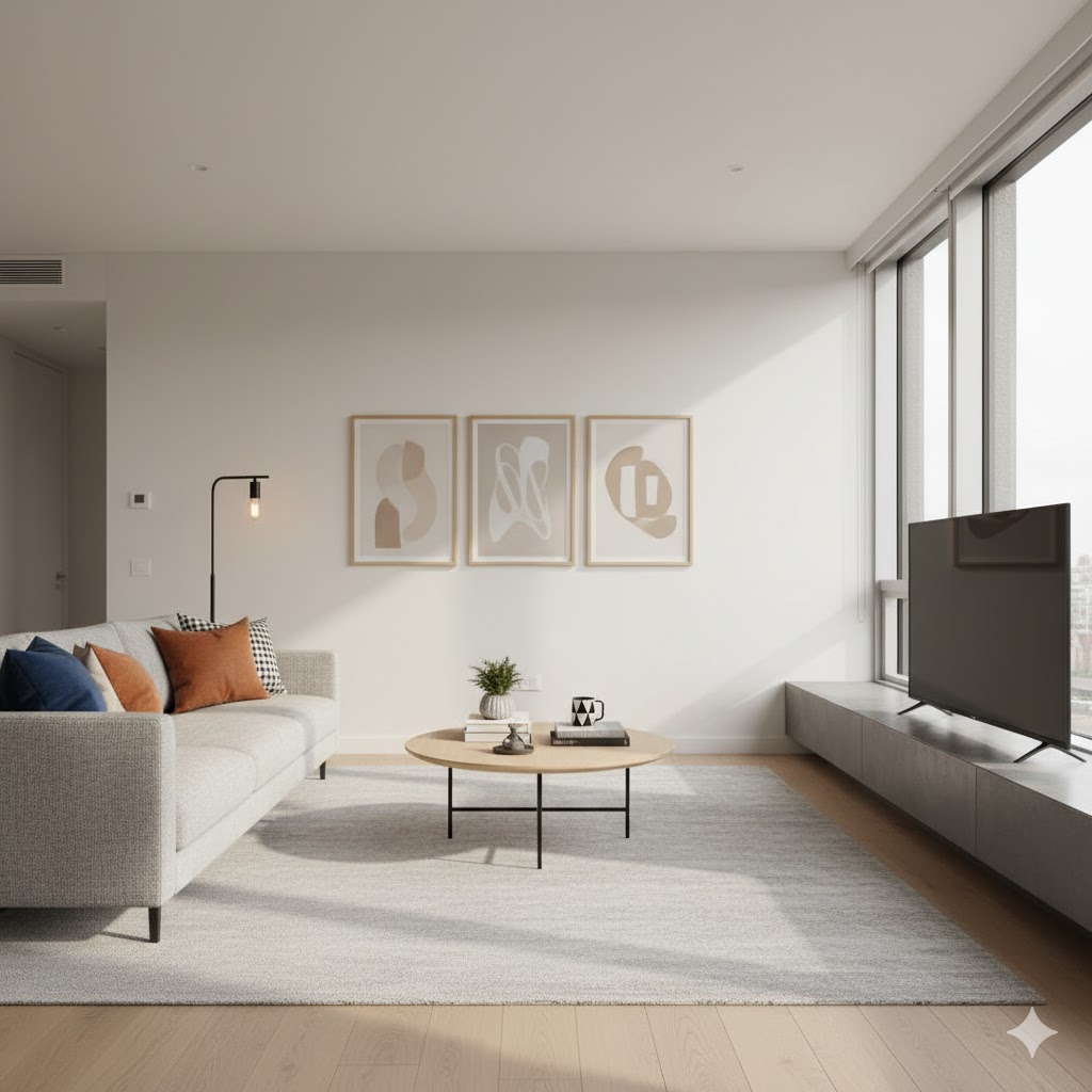 Nowoczesny salon aranżacja wnętrz minimalistyczna sofa i drewniane panele ścienne